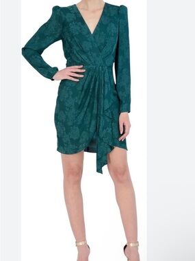 BCBGMaxAzria Teal Floral V-Neck Long-Sleeve Mini Dress